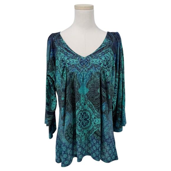 Y2K VTG oneworld Babydoll Rhinestone Boho Blouse Turquoise Print L - Picture 1 of 7
